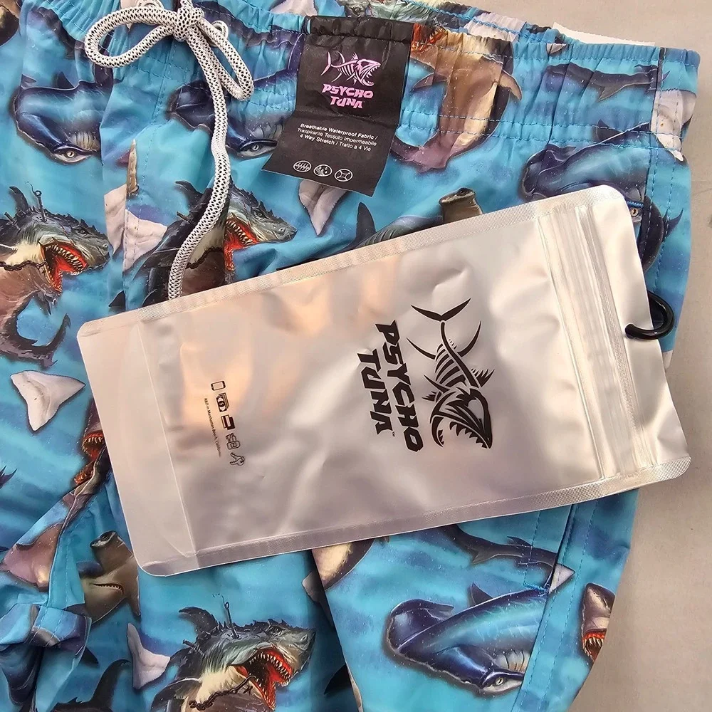 Psycho Tuna trunks swimwear mens L Large pockets PTYB0090 shark bite blue